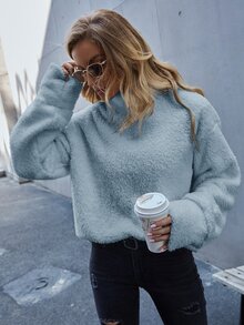 SHEIN LUNE High Neck Drop Shoulder Teddy Sweatshirt - Baby Blue - View 3