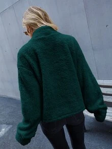 SHEIN LUNE High Neck Drop Shoulder Teddy Sweatshirt - Dark Green - View 2