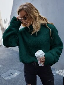 SHEIN LUNE High Neck Drop Shoulder Teddy Sweatshirt - Dark Green - View 3