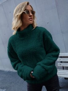 SHEIN LUNE High Neck Drop Shoulder Teddy Sweatshirt - Dark Green - View 4