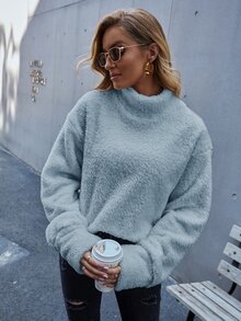 SHEIN LUNE High Neck Drop Shoulder Teddy Sweatshirt - Baby Blue - View 5