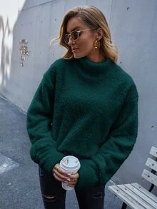 SHEIN LUNE High Neck Drop Shoulder Teddy Sweatshirt - Dark Green - View 5