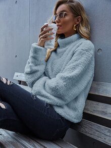 SHEIN LUNE High Neck Drop Shoulder Teddy Sweatshirt - Baby Blue - View 6