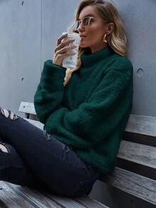 SHEIN LUNE High Neck Drop Shoulder Teddy Sweatshirt - Dark Green - View 6