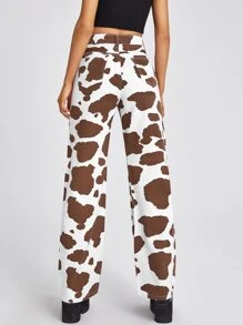 高腰奶牛圖案直腿牛仔褲 - 彩色 - 查看 2