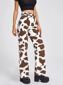 高腰奶牛圖案直腿牛仔褲 - 彩色 - 查看 4