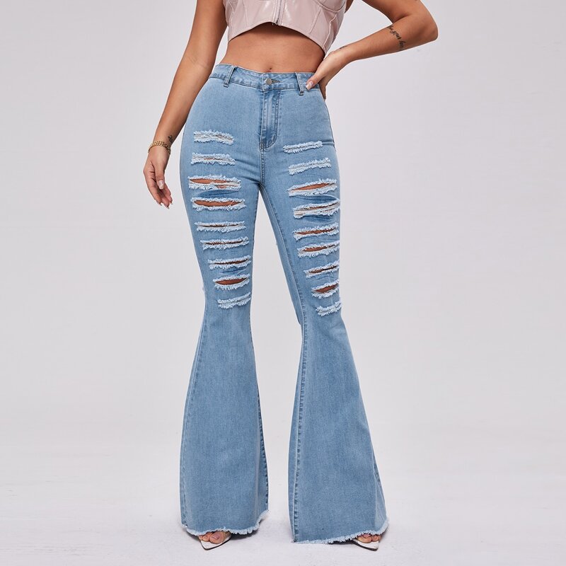 

High Waist Raw Hem Ripped Flare Leg Jeans, Light wash