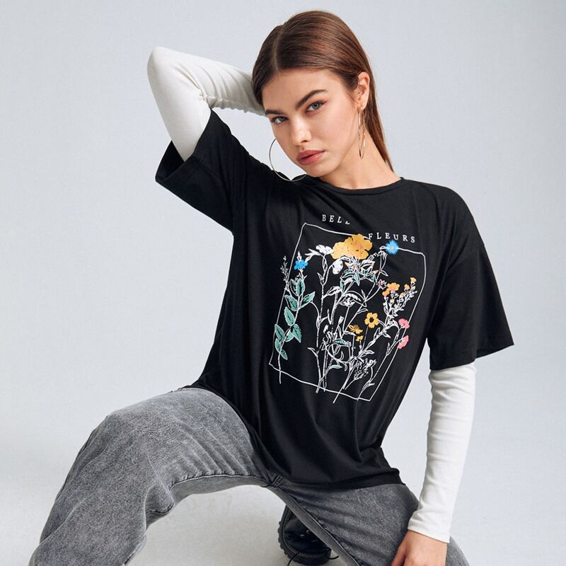 

Plants Pattern Oversized Tee, Black