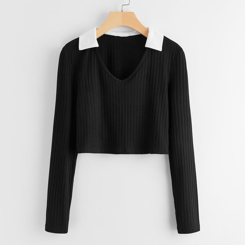 

Contrast Collar Ribbed Tee, Black