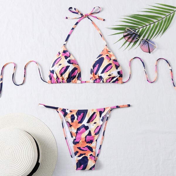 

Graphic Triangle Halter Bikini Swimsuit, Multicolor