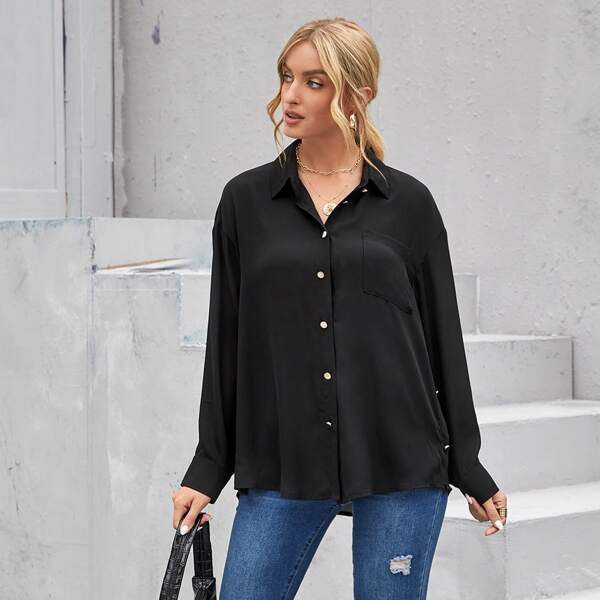 

Drop Shoulder Patch Pocket Solid Blouse, Black
