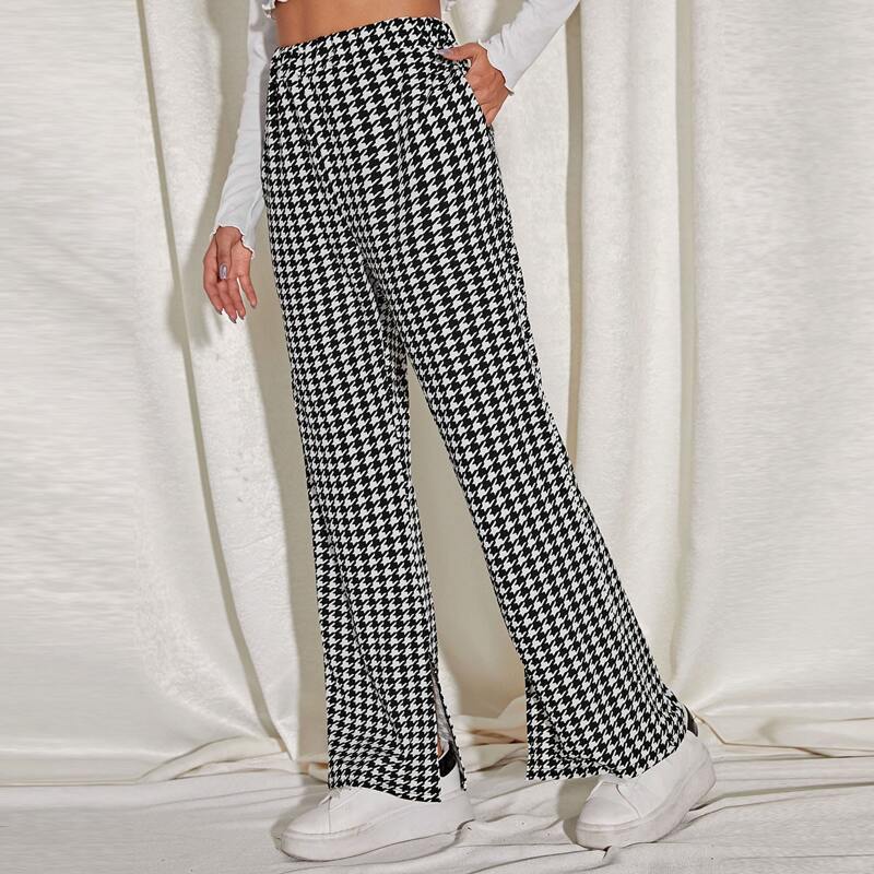 

High Waist Houndstooth Pants, Black and white