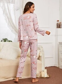 Cartoon Graphic PJ Set / Pajama Set With Eye Cover, Fall Clothes - Dusty Pink - View 2