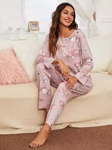 Cartoon Graphic PJ Set / Pajama Set With Eye Cover, Fall Clothes - Dusty Pink - View 5