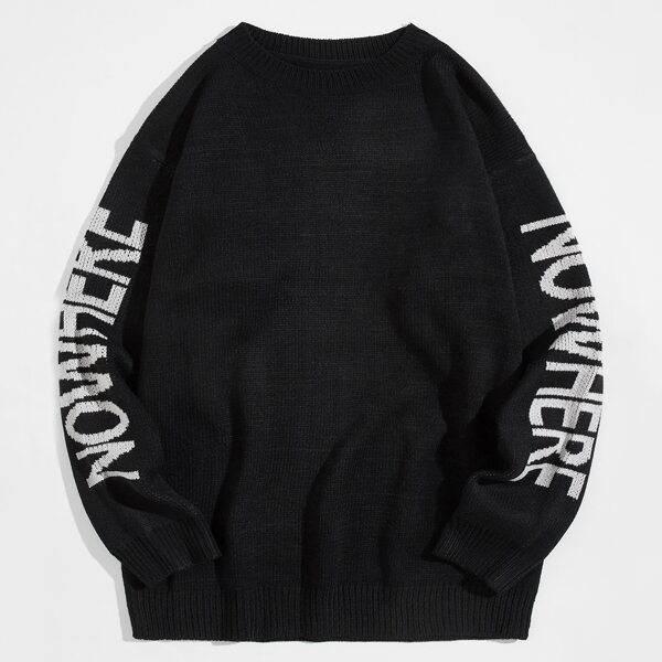 

Men Drop Shoulder Letter Pattern Sweater, Black