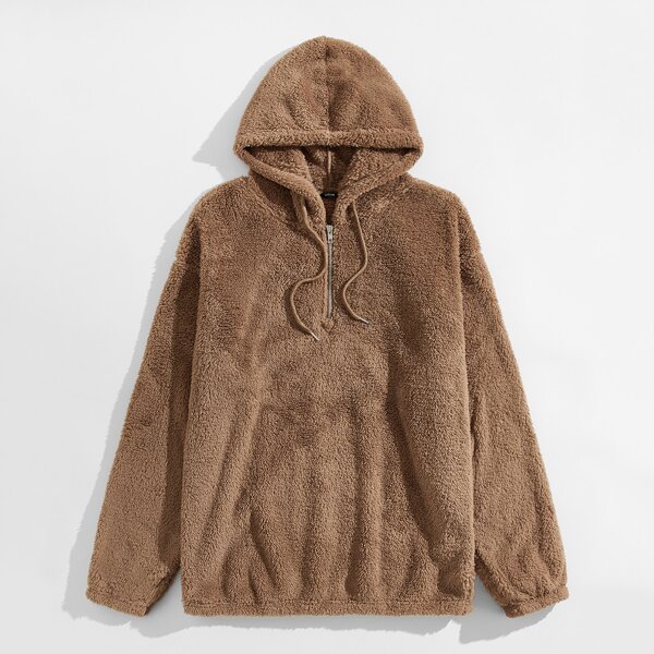 

Men Drop Shoulder Drawstring Teddy Hoodie, Camel