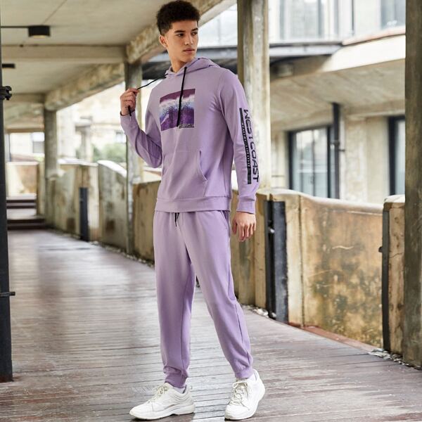 

Men Pouch Pocket Letter Graphic Hoodie & Joggers Set, Pastel lilac purple