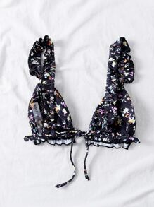 SHEIN Swim 小碎花圖案褶邊比基尼泳裝上衣 - 黑色 - 查看 2