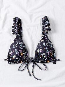 SHEIN Swim 小碎花圖案褶邊比基尼泳裝上衣 - 黑色 - 查看 4