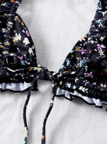 SHEIN Swim 小碎花圖案褶邊比基尼泳裝上衣 - 黑色 - 查看 5