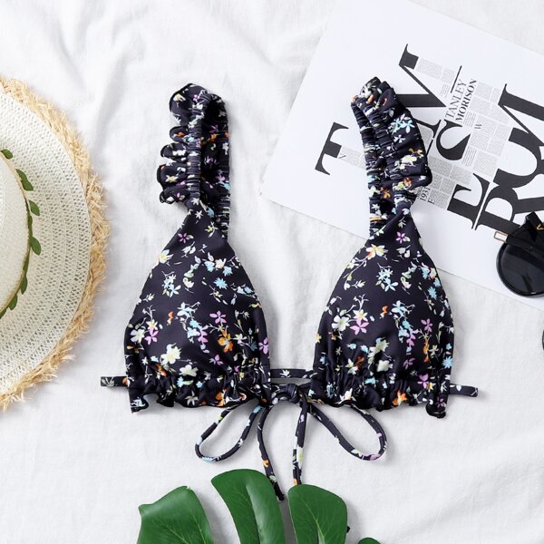 

Ditsy Floral Print Frill Trim Bikini Top, Black