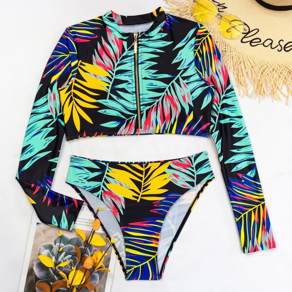 

Tropical Zipper Front Bikini Swimsuit, Multicolor