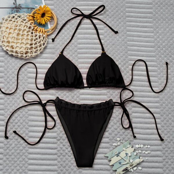 

Triangle Tie Side Bikini Swimsuit, Black