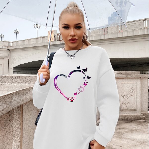

Butterfly & Heart Print Oversized Sweatshirt, White