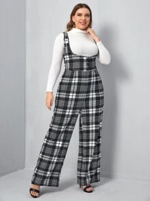 SHEIN Privé Plus Button Front Plaid Pinafore Jumpsuit Without Top - Black and White - View 3