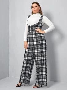 SHEIN Privé Plus Button Front Plaid Pinafore Jumpsuit Without Top - Black and White - View 4