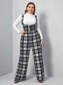 SHEIN Privé Plus Button Front Plaid Pinafore Jumpsuit Without Top - Black and White - View 5