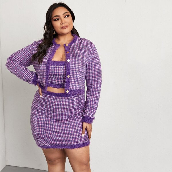 

Plus Raw Hem Houndstooth Tank Top & Skirt Set With Jacket, Mauve purple