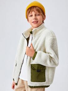 SHEIN 男孩拼接翻蓋口袋絨毛夾克 - 白色 - 查看 4