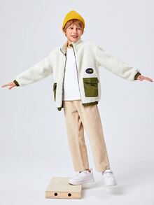SHEIN 男孩拼接翻蓋口袋絨毛夾克 - 白色 - 查看 6