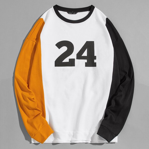 

Men Colorblock Sleeve Number Graphic Pullover, White