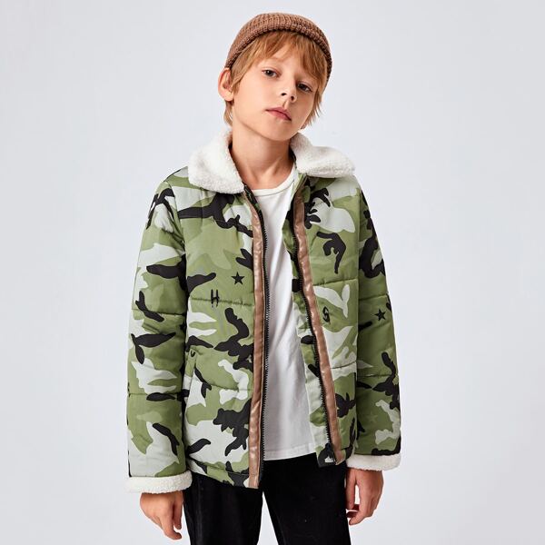 

Boys Shearling Collar Camo Padded Jacket, Multicolor