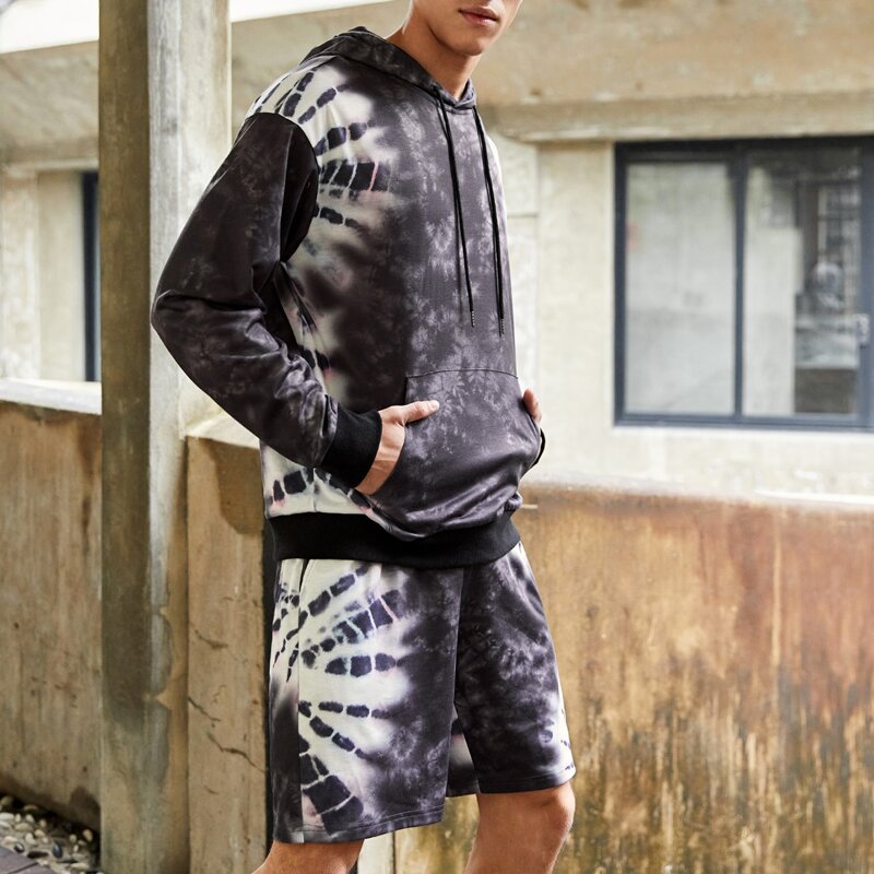 

Guys Tie Dye Drawstring Pouch Pocket Hoodie & Shorts Set, Black and white
