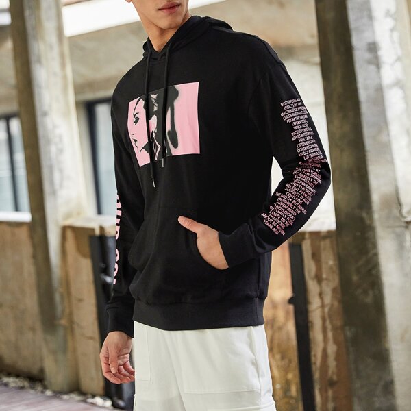 

Men Figure & Slogan Graphic Pouch Pocket Hoodie, Black
