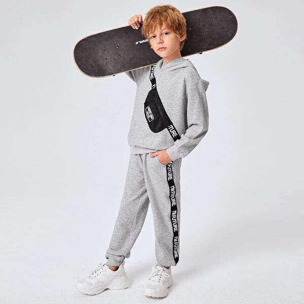 

Boys Letter Tape Bag Detail Hoodie & Joggers Set, Grey