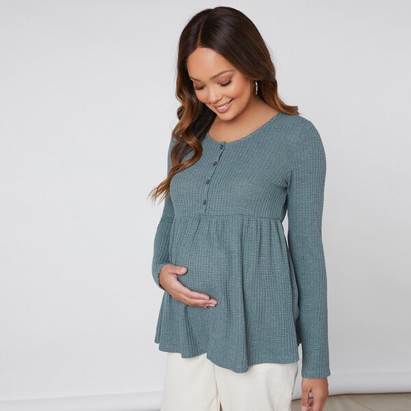 

Maternity Button Front Waffle Knit Tee, Dusty blue
