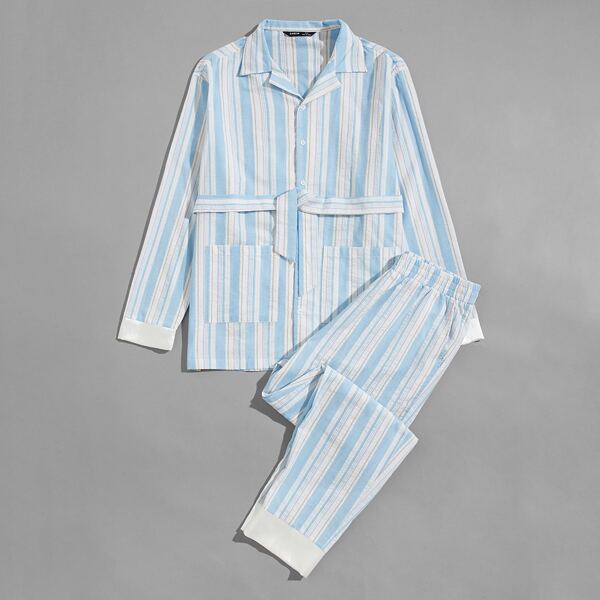 

Men Patch Pocket Striped Shirt & Pants PJ Set, Blue and white