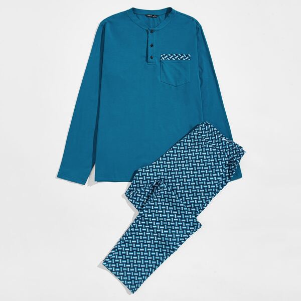 

Men Patch Pocket Top & Geo Pants PJ Set, Blue