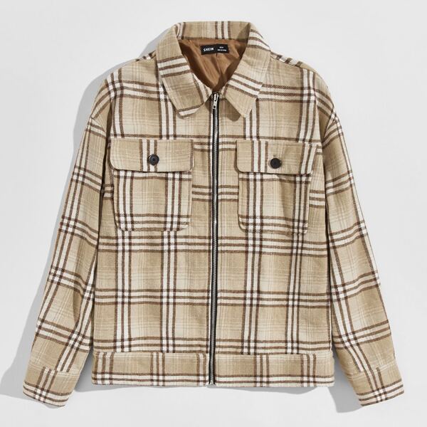 

Men Zipper Front Flap Pocket Plaid Jacket, Multicolor