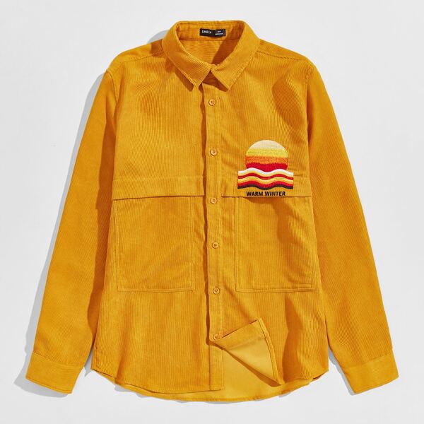 

Men Letter & Graphic Embroidered Cord Shirt, Bright mustard yellow