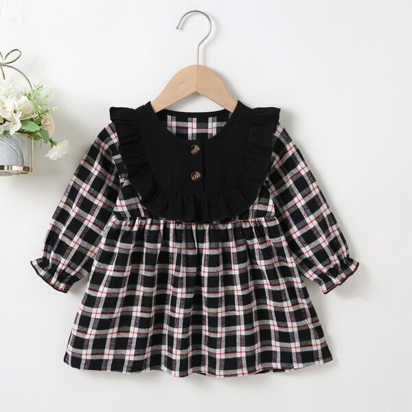 

Baby Girl Plaid Contrast Panel Babydoll Dress, Multicolor