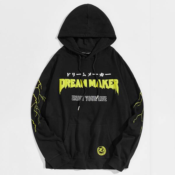 

Men Slogan Graphic Pouch Pocket Drawstring Hoodie, Black