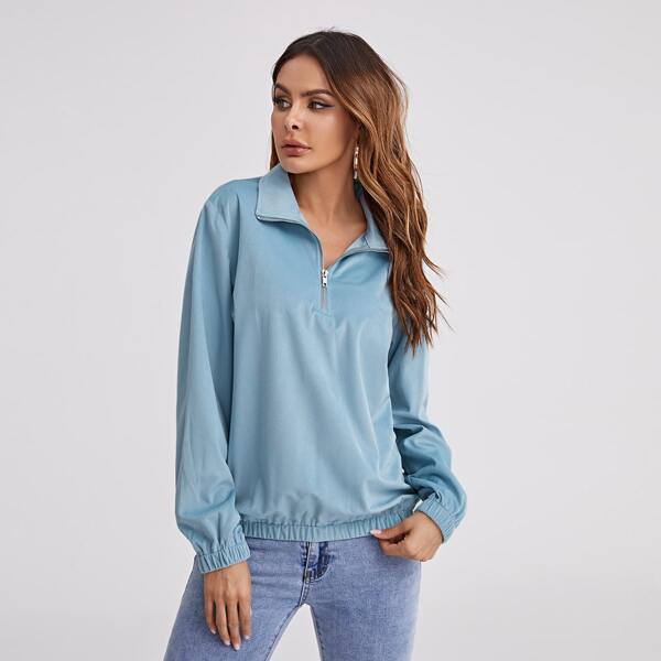 

Half Zip Drop Shoulder Velvet Sweatshirt, Pastel baby blue