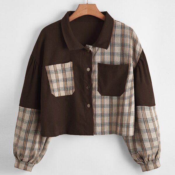 

Plus Plaid Colorblock Button Up Corduroy Jacket, Multicolor