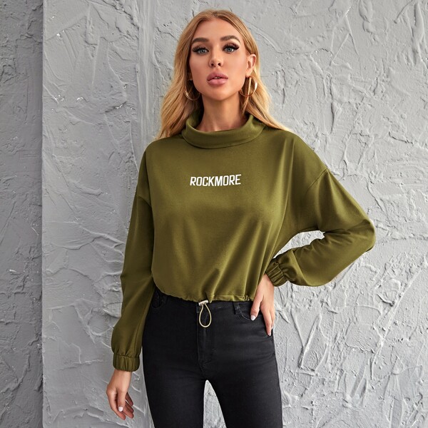 

Drop Shoulder Letter Graphic Drawstring Hem Pullover, Olive green
