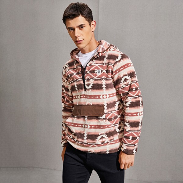 

Men Patch Detail Geo Teddy Hoodie, Multicolor